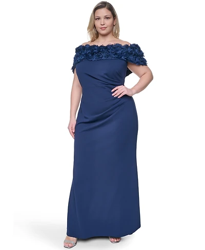 Eliza J Plus Rosette-Trim Off-The-Shoulder Evening Gown