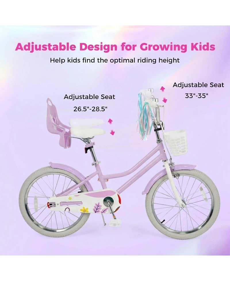 Sugift 20 in Girls Bike Kids Bicycle with Doll Seat Streamers and Basket for 8+ Years Old