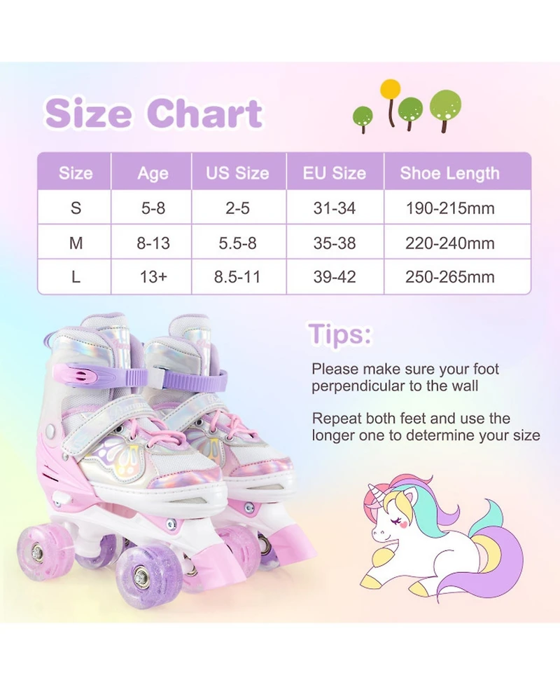 Hongge Adjustable Quad Roller Skates, Sizes 5.5-8, Light-Up Wheels, Ages 8-13