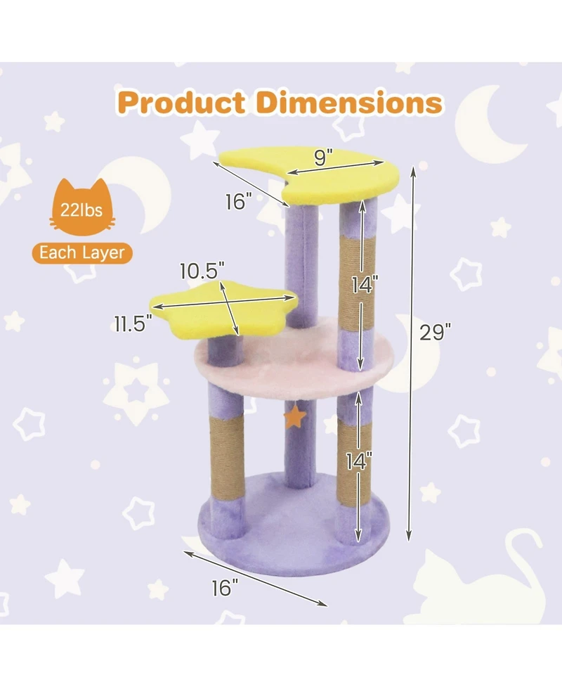 Sugift 29 in Modern Cat Tree with Star and Moon Shaped Platforms and Jute Scratching Posts