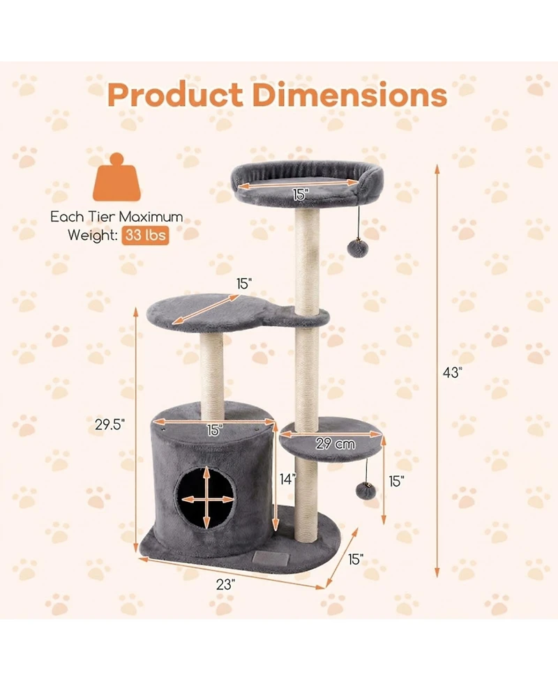 Sugift 43in Cat Tree for Indoor Cats with Plush Perches Condo and Sisal Scratching Posts