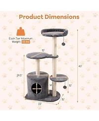 Sugift 43in Cat Tree for Indoor Cats with Plush Perches Condo and Sisal Scratching Posts