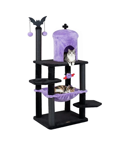 Sugift 51in Gothic Multi-Level Cat Tree with Spider Hanging Toy for Halloween