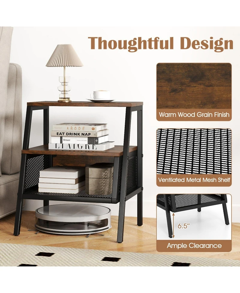 Sugift 3-Tier Industrial Nightstand End Table with 2 Open Shelves and Metal Mesh Compartment