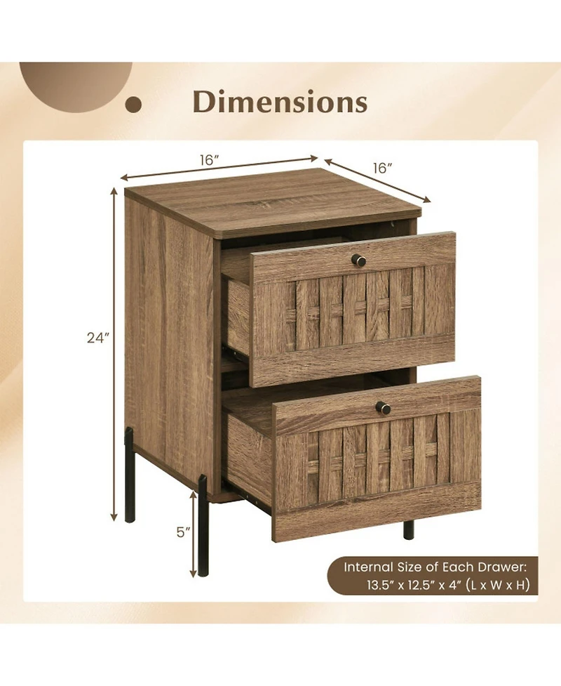 Sugift Mid-Century Modern 2-Drawer Nightstand End Table with Woven Storage