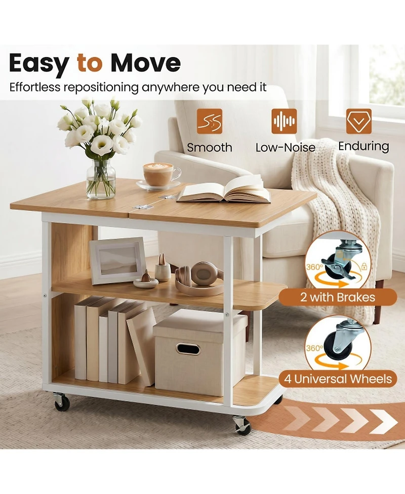 Sugift Mobile Night Stand with Foldable Swivel Top and 2-Tier Shelf for Small Spaces