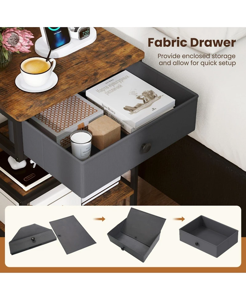 Sugift Set of 2 Nightstands with Charging Station 28 in Tall Bedside Table with Fabric Drawer