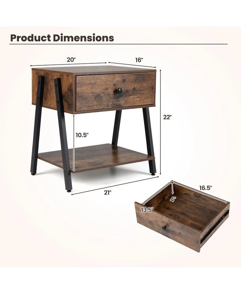 Sugift Set of 2 Industrial Nightstands with Wooden Drawer and Adjustable Foot Pads for Bedroom