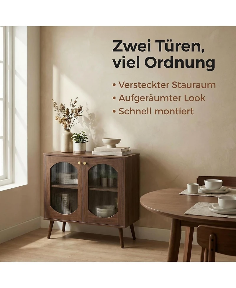 homfan Sleek 2-Door Sideboard Storage Cabinet, Laminated Wood, Fluted Glass Doors, Multifunctional Display Buffet for Living Room, Bedroom, Entryway