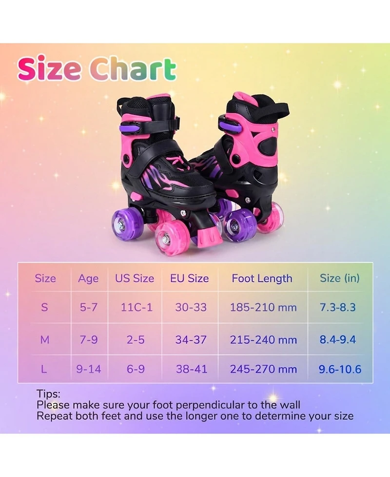 Sugift Kids Adjustable Quad Roller Skates 4 Sizes with Light-up Wheels for Girls Boys
