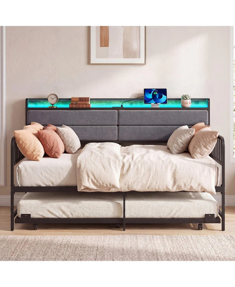 Sugift Twin Size Metal Daybed with Pull-Out Trundle and Upholstered Storage Headboard