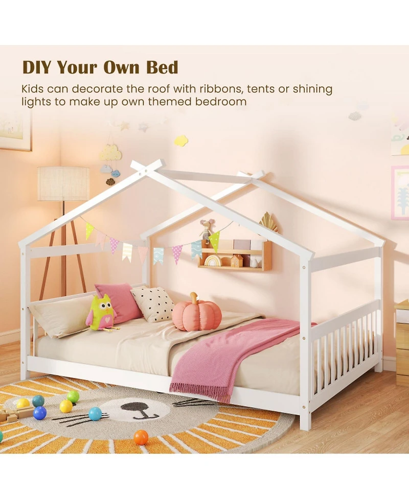 Sugift Full Size House Bed Montessori Floor Bed with Fence Headboard and Footboard
