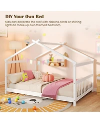 Sugift Full Size House Bed Montessori Floor Bed with Fence Headboard and Footboard
