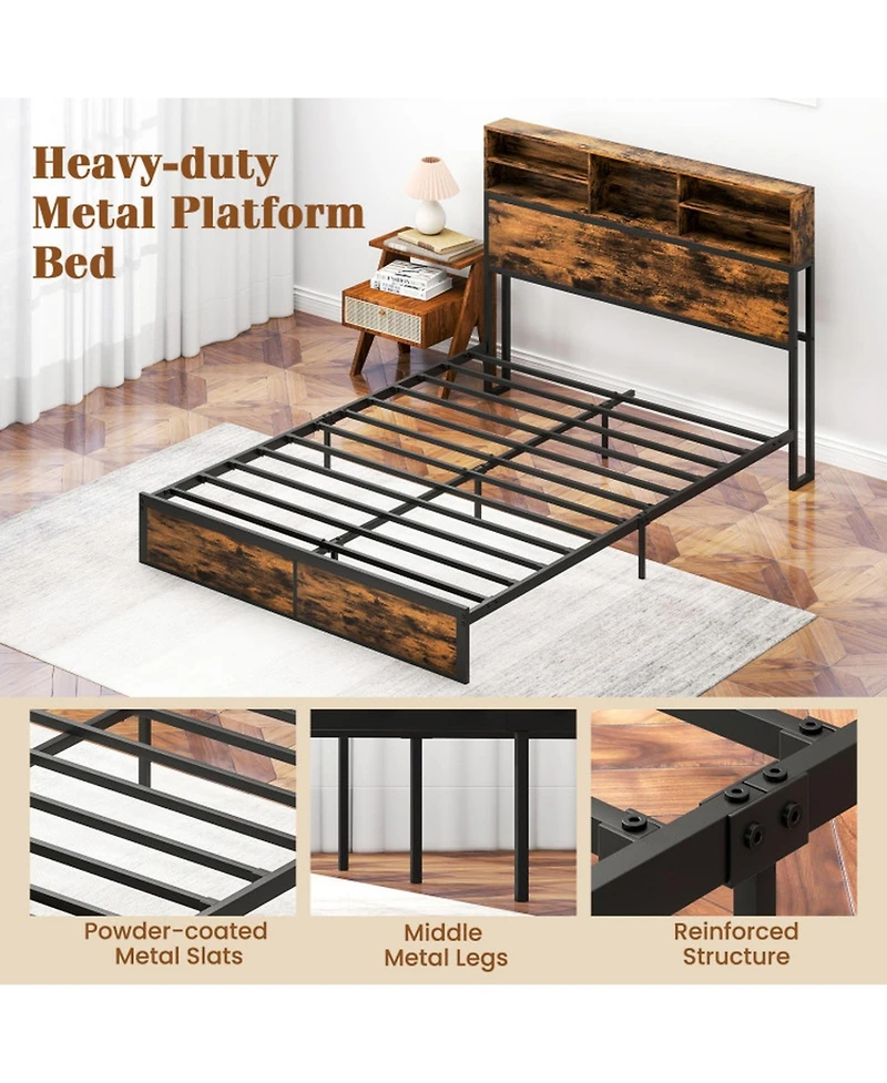 Sugift Queen Size Industrial Metal Platform Bed with Storage Headboard and Charging Station