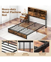 Sugift Queen Size Industrial Metal Platform Bed with Storage Headboard and Charging Station