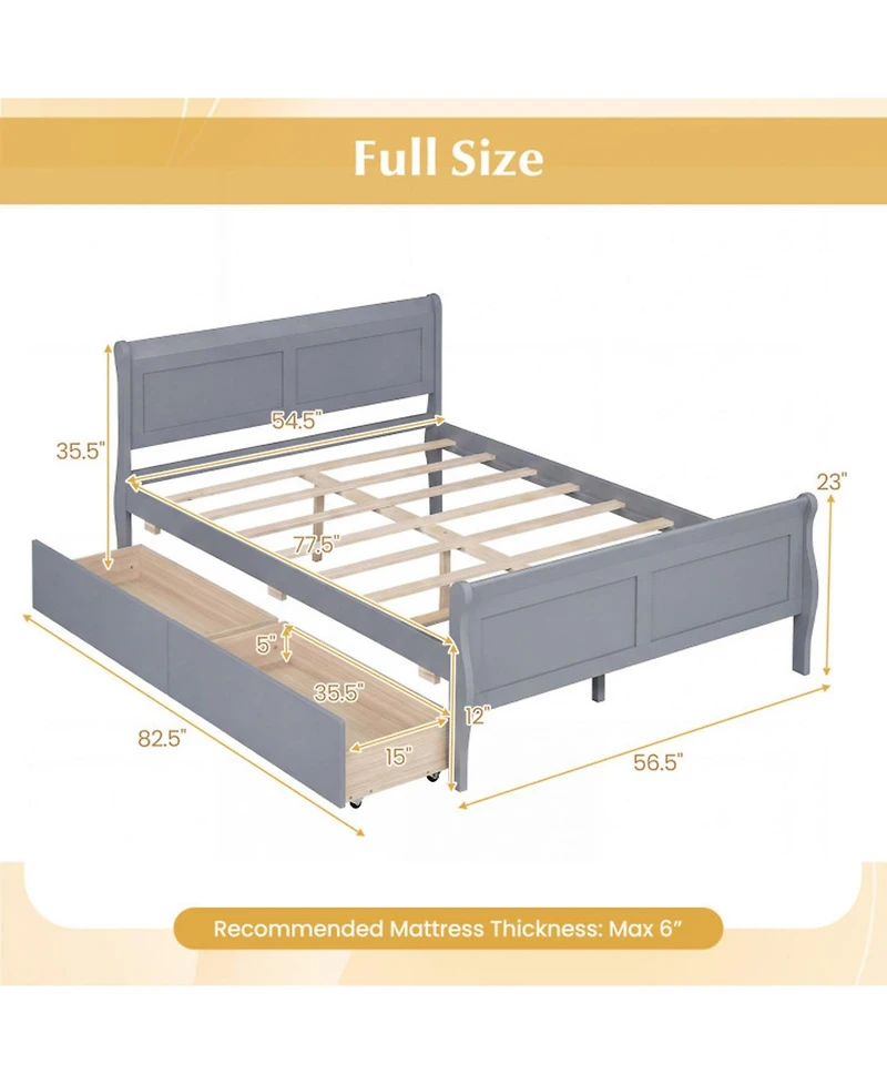 Sugift Full Size Sleigh Platform Bed with 2 Storage Drawers and Curved Footboard