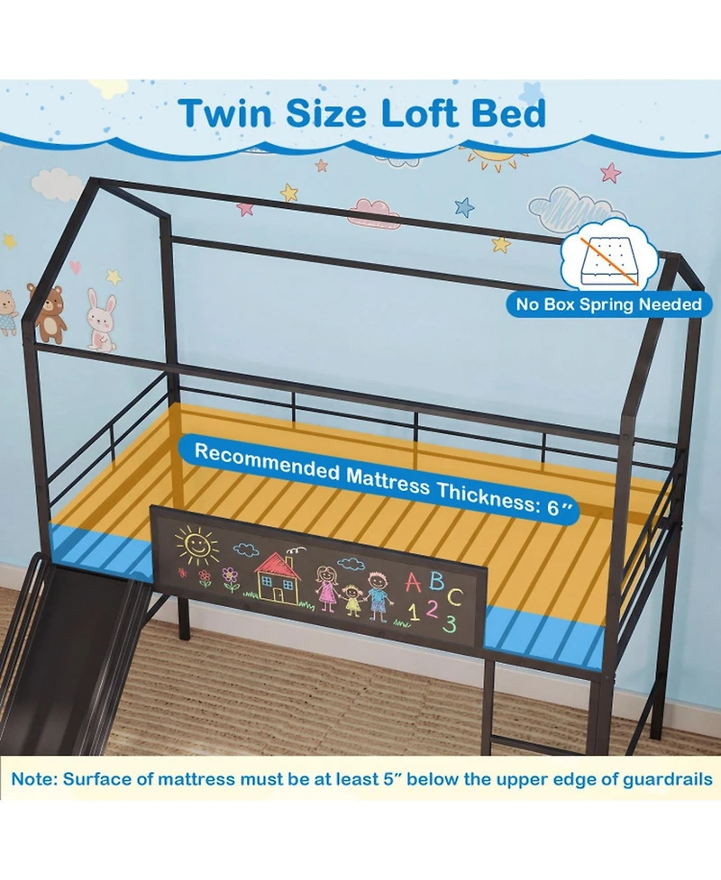Sugift Twin Size Kids Metal Loft Bed with Slide Ladder and Chalkboard