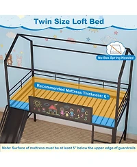 Sugift Twin Size Kids Metal Loft Bed with Slide Ladder and Chalkboard