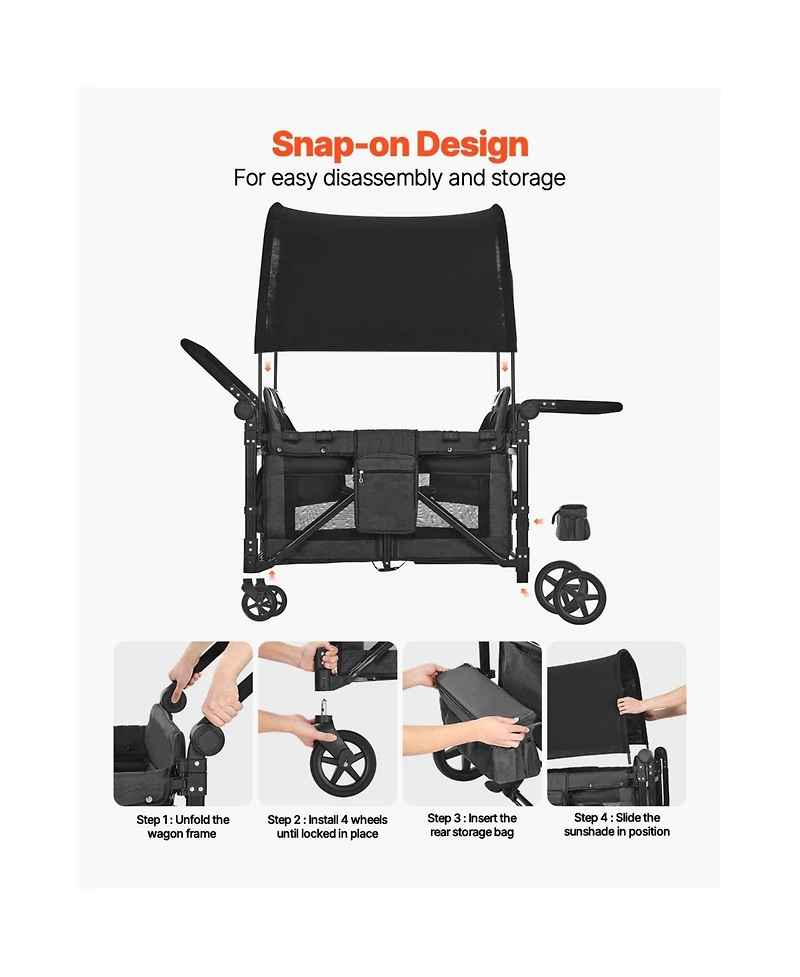Mountaintop 4-Kid Wagon Stroller, Collapsible Push/Pull Cart with Canopy, Safety Harnesses & Adjustable Handle, 330lb Capacity