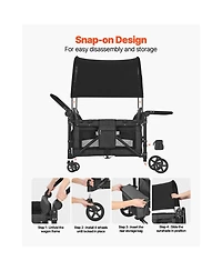 Mountaintop 4-Kid Wagon Stroller, Collapsible Push/Pull Cart with Canopy, Safety Harnesses & Adjustable Handle, 330lb Capacity