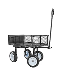 Mountaintop Garden Cart with Seat, 500 Lbs Steel Stool with Wheels, Tool Tray and Adjustable Handle, Black Wagon for Lawn, Patio, Backyard