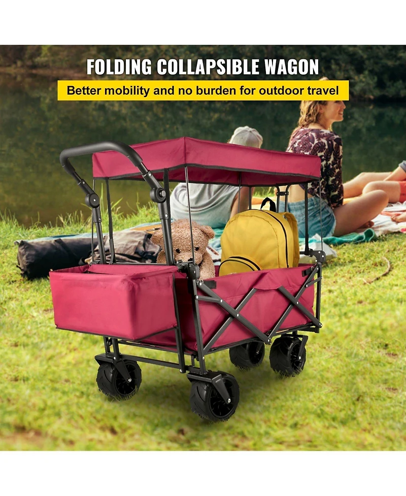 Mountaintop Extra Large Collapsible Garden Cart with Canopy, Rear Storage, Red Foldable Wagon for Garden, Camping, Grocery, Shopping