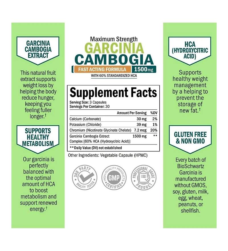 BioSchwartz Garcinia Cambogia Supplement with 95% Hca, Potassium and Calcium, 90 Capsules