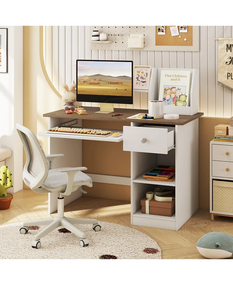 Costway Kids Study Desk, Wooden Writing Table with Keyboard Tray and Drawer,Side Bookshelf