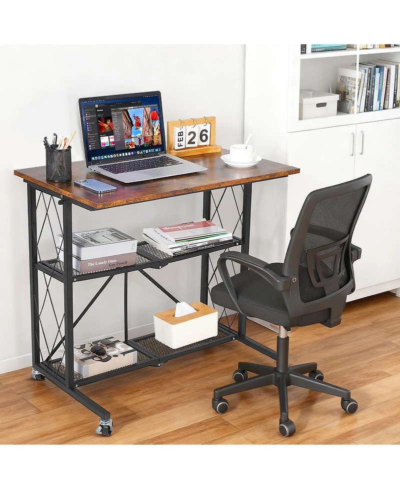 homfan 31.5" 3-Tier Foldable Desk with Wheels – Large Capacity Metal Wire Shelf Rack, No Assembly Organizer for Kitchen and Living Room