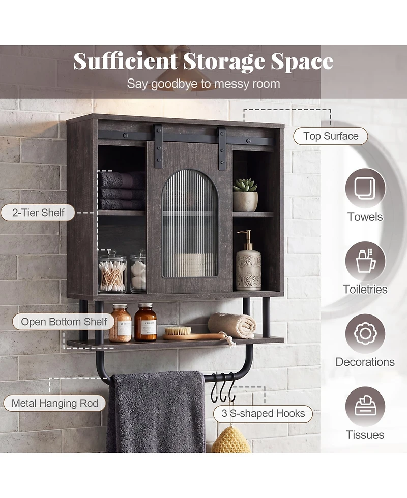 Costway Bathroom Wall Cabinet with Sliding Barn Door Metal Hanging Bar 3 Hooks for Kitchen