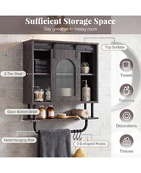 Costway Bathroom Wall Cabinet with Sliding Barn Door Metal Hanging Bar 3 Hooks for Kitchen