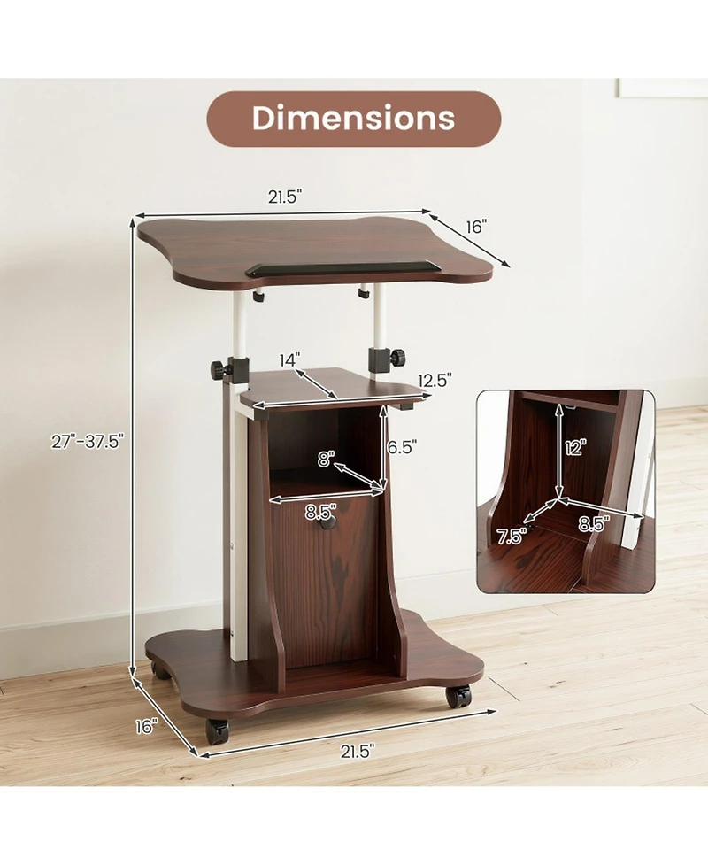 Sugift Adjustable Mobile Standing Desk Cart with 0-180degree(s) Tilt Desktop and Cabinet