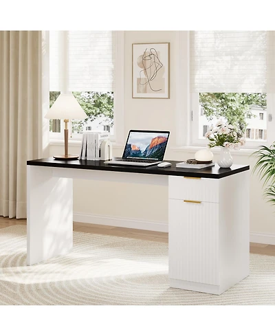 homfan 61" Farmhouse Executive Desk with Power and Usb, Drawers, Fluted Cabinet, Gold Handles, Adjustable Shelf