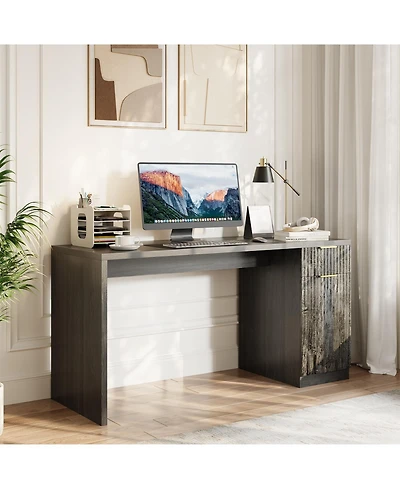 homfan 61" Farmhouse Executive Desk with Drawer, Power Outlets and Adjustable Shelf