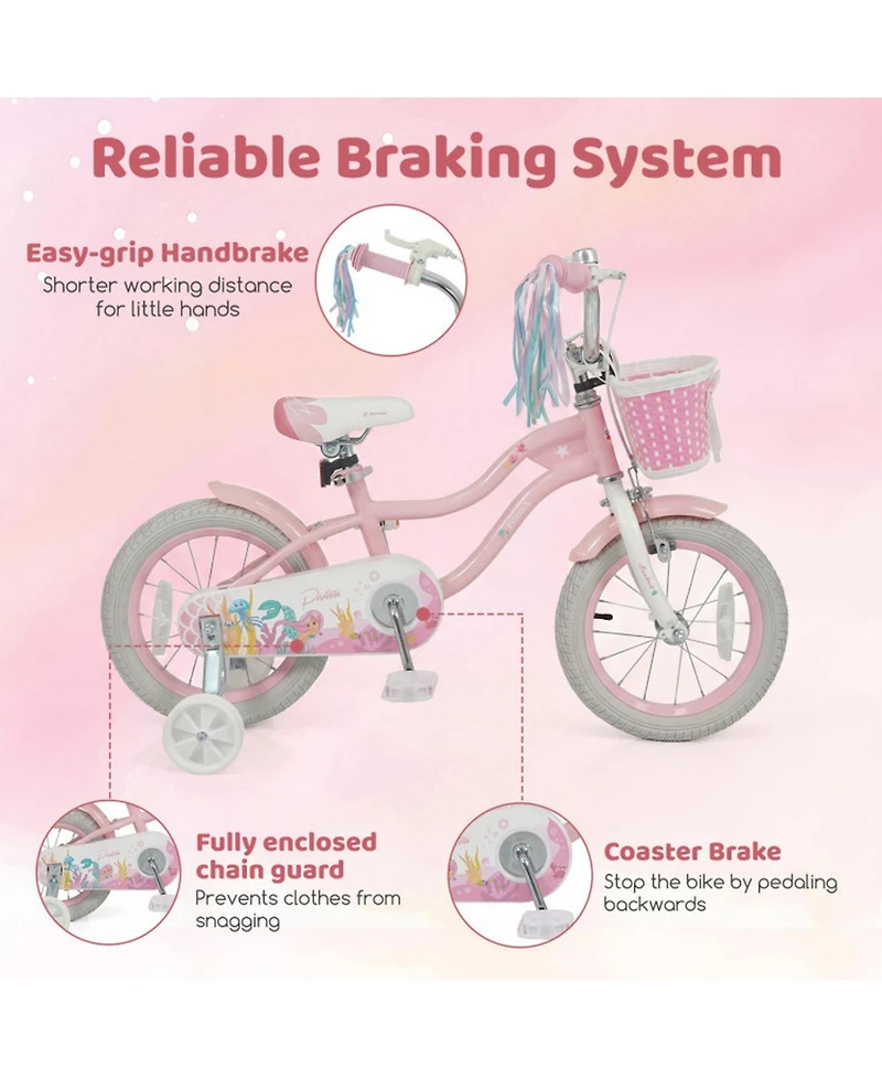 Sugift 14 in Kids Bike Adjustable with Basket and Streamers for Girls Aged 3-5 Years Old