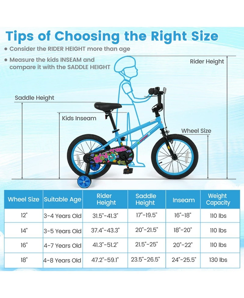 Sugift 16" Kids' Bike with Detachable Training Wheels and Adjustable Saddle, Ages 3-8