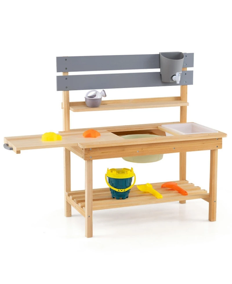 Sugift Outdoor Mud Kitchen with Pullout Tabletop and 2 Sinks, Ages 3+
