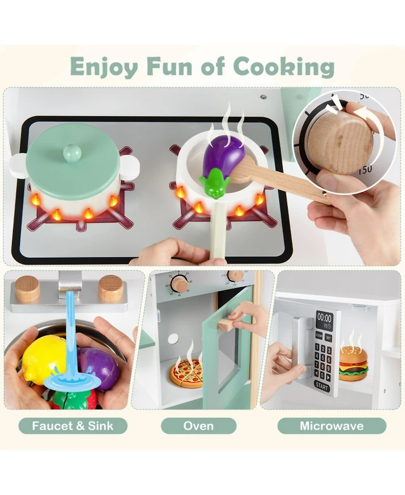 Sugift Wooden Play Kitchen with Chalkboard, 13-Piece Playset, Ages 3+