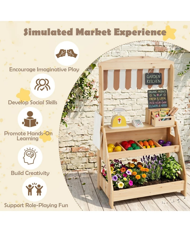 Sugift 2-in-1 Wooden Mud Kitchen and Market Stand 25-Piece Playset, Ages 3+
