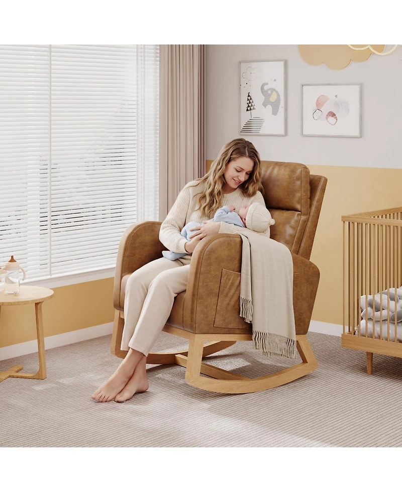 homfan Rocking Chair Modern Nursery Glider Chair with Side Pockets and Pillow Upholstered Rocker for Living Room Bedroom Nursing Room