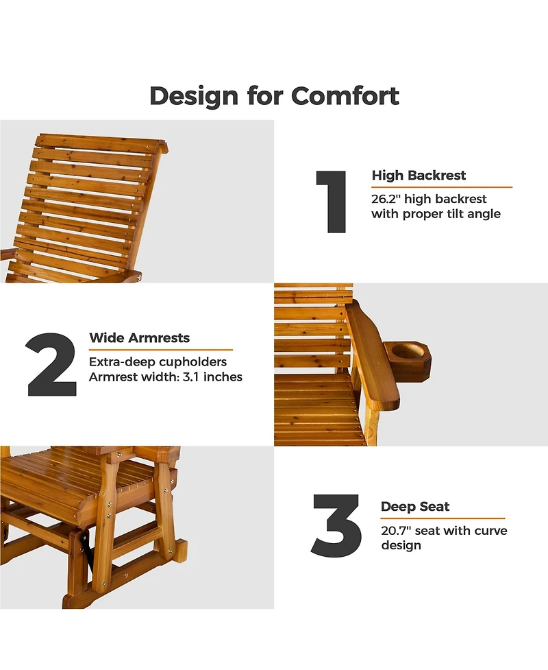 Mega Casa Solid Wood Outdoor Glider Chair, All-Weather High Back Patio Rocker with Dual Cup Holders
