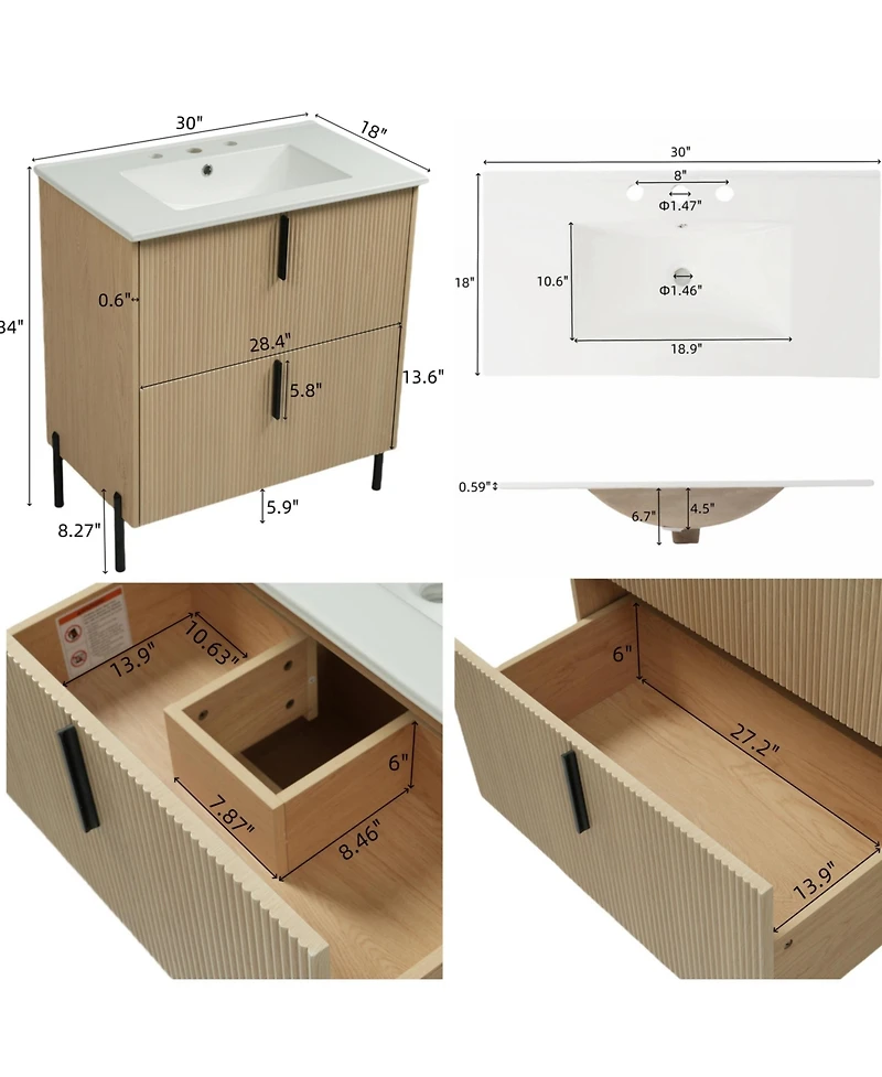 Busdays 30 Inch Bathroom Vanity Ceramic Sink Full Extension Soft Close Drawers Fluted Design Undermount Slides