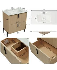 Busdays 30 Inch Bathroom Vanity Ceramic Sink Full Extension Soft Close Drawers Fluted Design Undermount Slides
