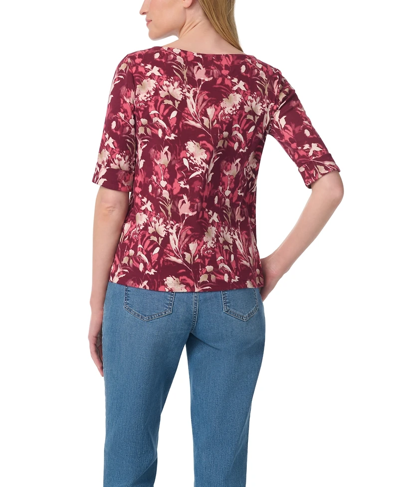 Gloria Vanderbilt Women's Alanis Boat Neck Floral-Print Cotton-Blend T-Shirt