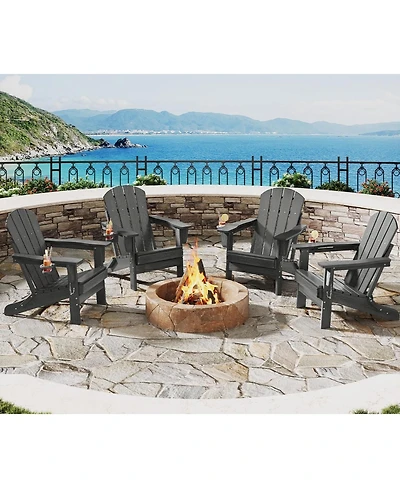 homfan Set of 4 Folding Adirondack Chair All-Weather Hdpe Wood Texture Outdoor Chair with Cup Holder for Patio or Fire Pit