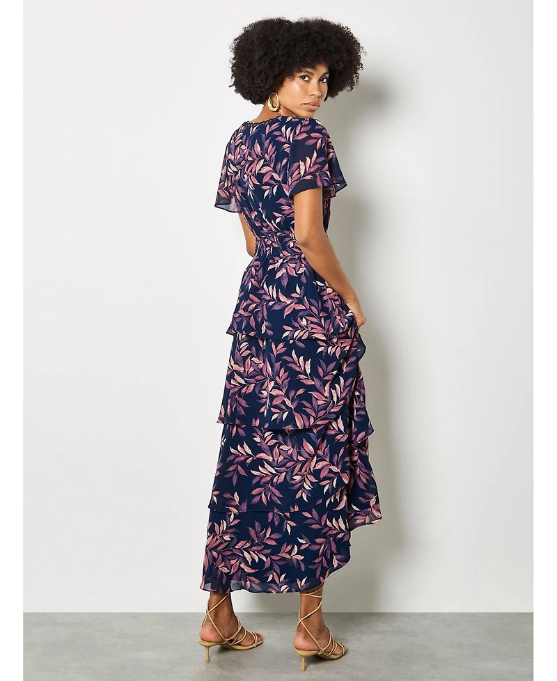 Apricot Women's Tiered Leaf Print Short-Sleeve Dress