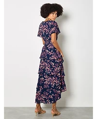 Apricot Women's Tiered Leaf Print Short-Sleeve Dress