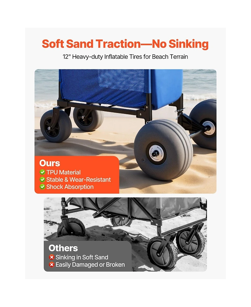 Mountaintop Beach Cart with Sand Wheels,165 lbs, Balloon Wheels, Storage Bag, Handle for Camping, Fishing, Garden