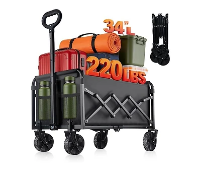 Mountaintop Collapsible Foldable Wagon Cart,220LBS Heavy Duty, All-Terrain Wheels,2 Cup Holders, Utility Cart, Black, Grocery Beach Sports Shopping