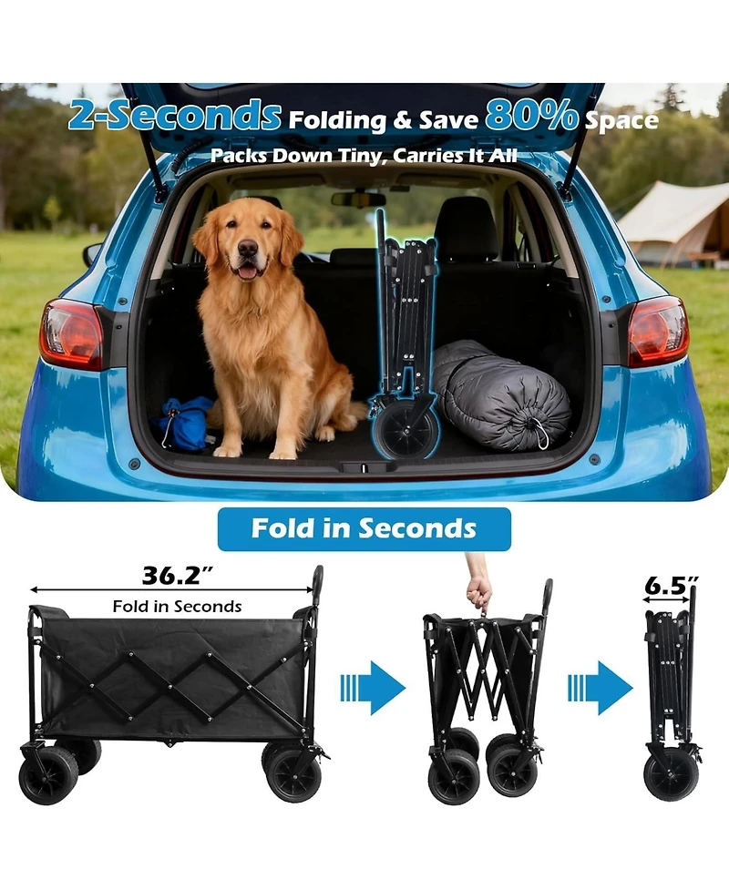 Mountaintop Collapsible Foldable Wagon Cart with All-Terrain Wheels, 360 Lbs Load, 2 Cup Holders, Portable Black Wagon for Beach, Camp and Garden